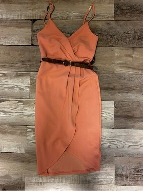 Papaya Coral Wrap Midi Dress with Belted Waist